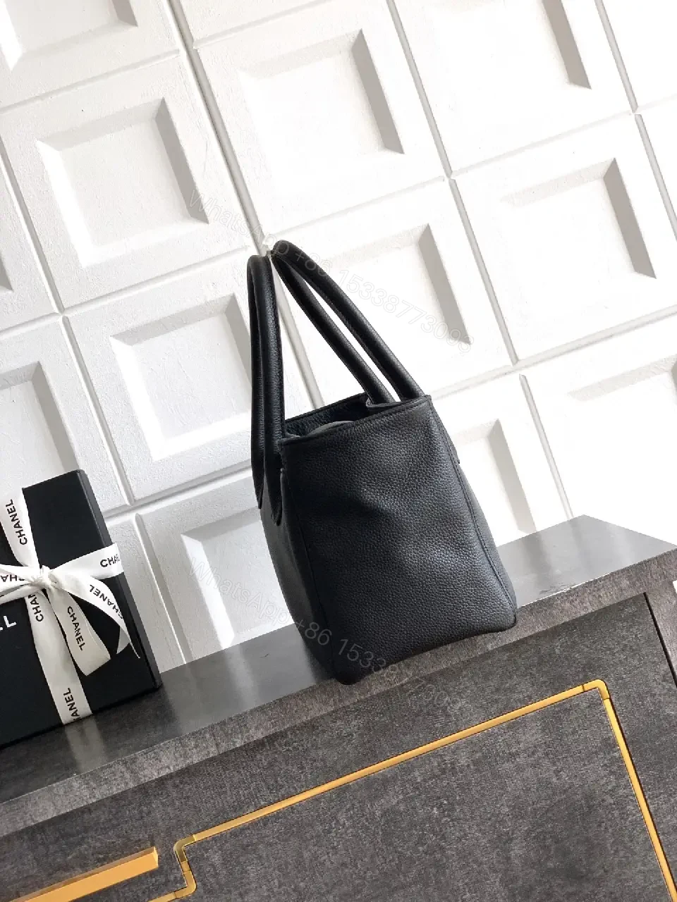 View 5 of Structured Black Leather Tote with Gold Closure Tote