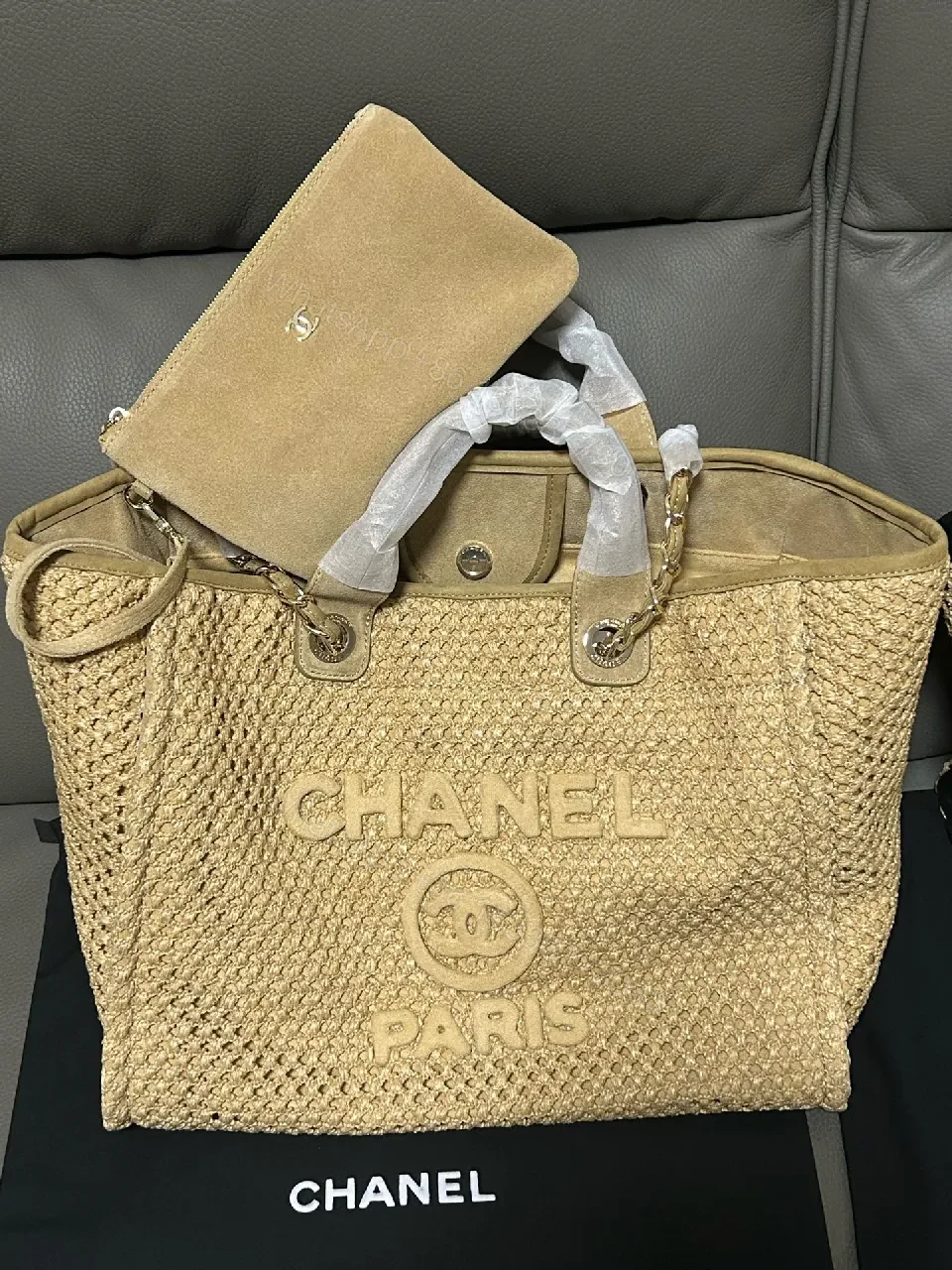 View 2 of Natural Straw Tote in Beige with Leather Trim, CHANEL-Embossed, Open-Top Tote