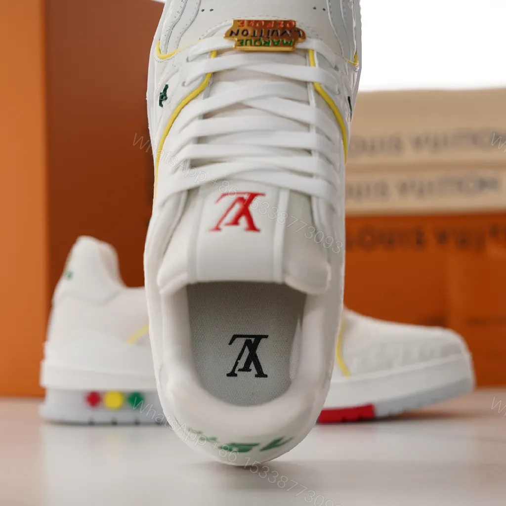 View 8 of White Leather Low-Top Sneakers with Subtle LV Details
