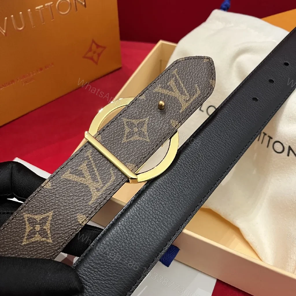 View 4 of Bold Leather Belt with Gold Logo Buckle - Premium Style Belt
