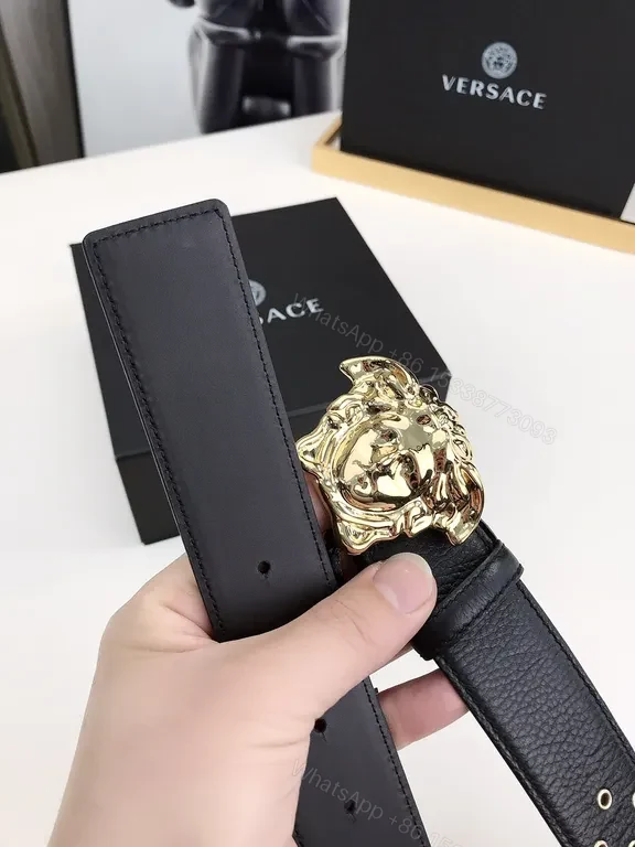 View 5 of Black Leather Belt with Gold Medusa Buckle - Versace Luxury Accessory