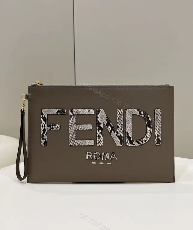 Taupe Fendi Roma Snakeskin Clutch â€“ Sleek, Structured luxury — view 1