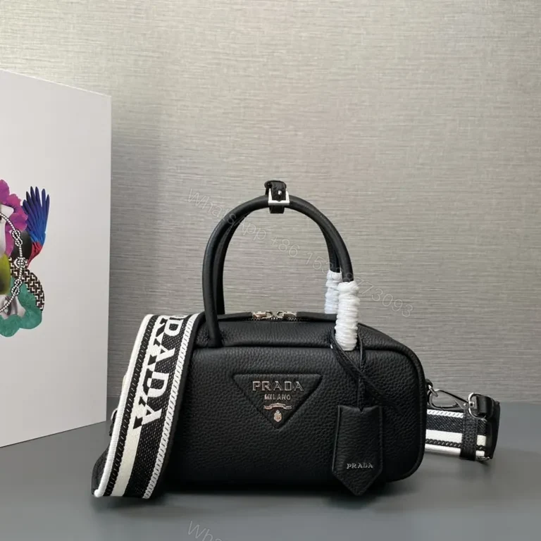 Prada Black Mini Top-Handle Bag with Striped Strap — view 1