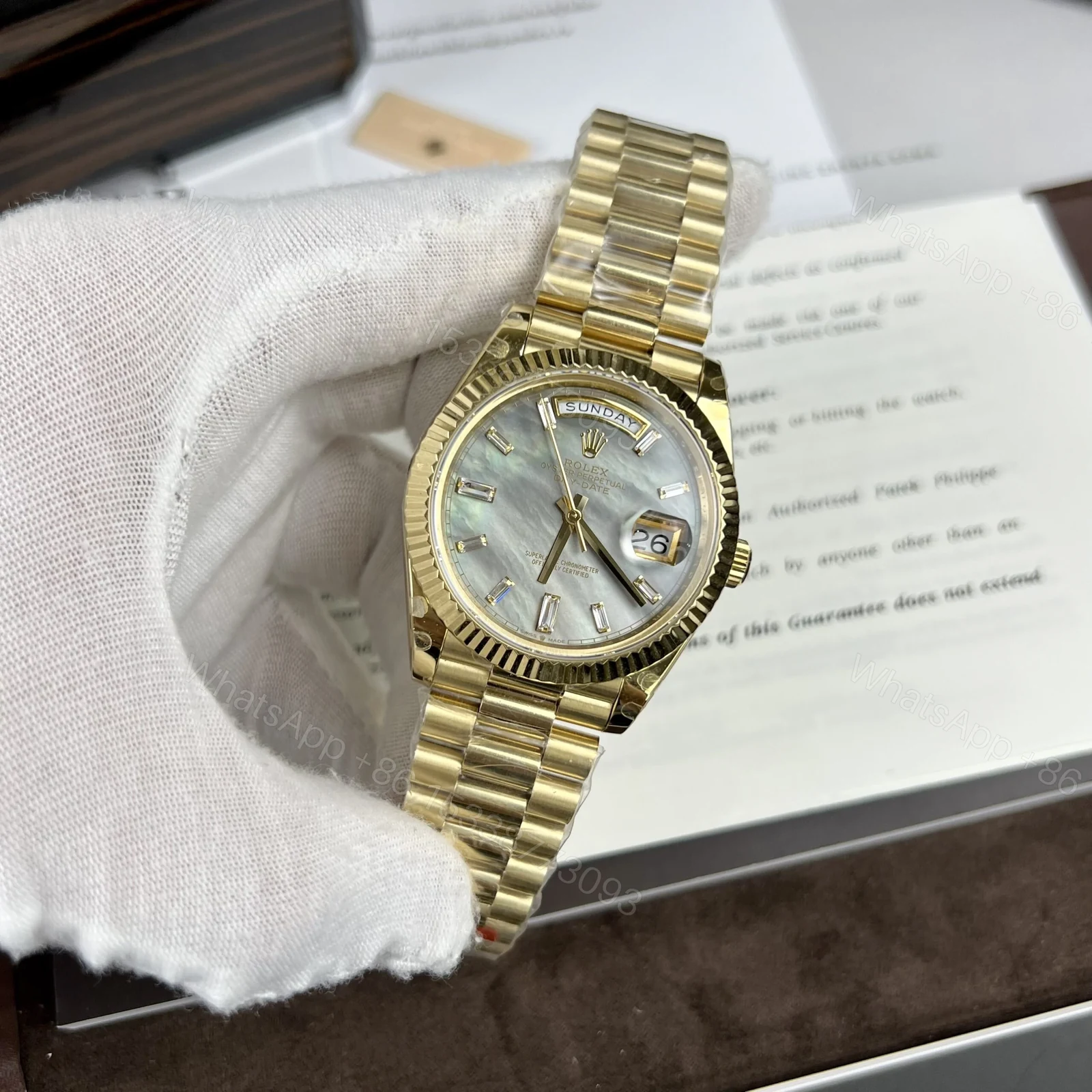 View 3 of Superclone Rolex Day-Date White Mother-of-Pearl Diamond Dial 128238-0123 36 mm