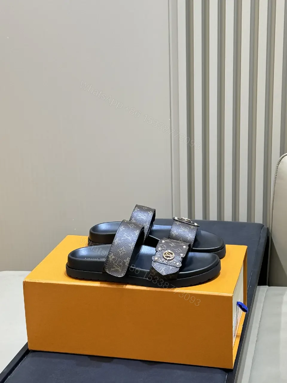 View 6 of Black Monogram Leather Sandals with Louis Vuitton Style Slides