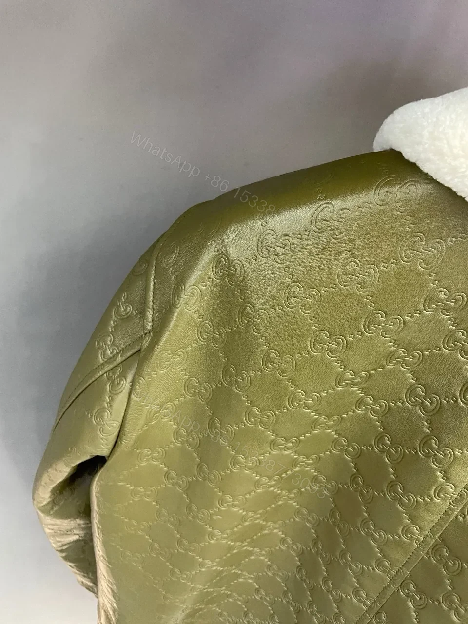 View 3 of Olive Quilted Jacket with Off-White Shearling Collar