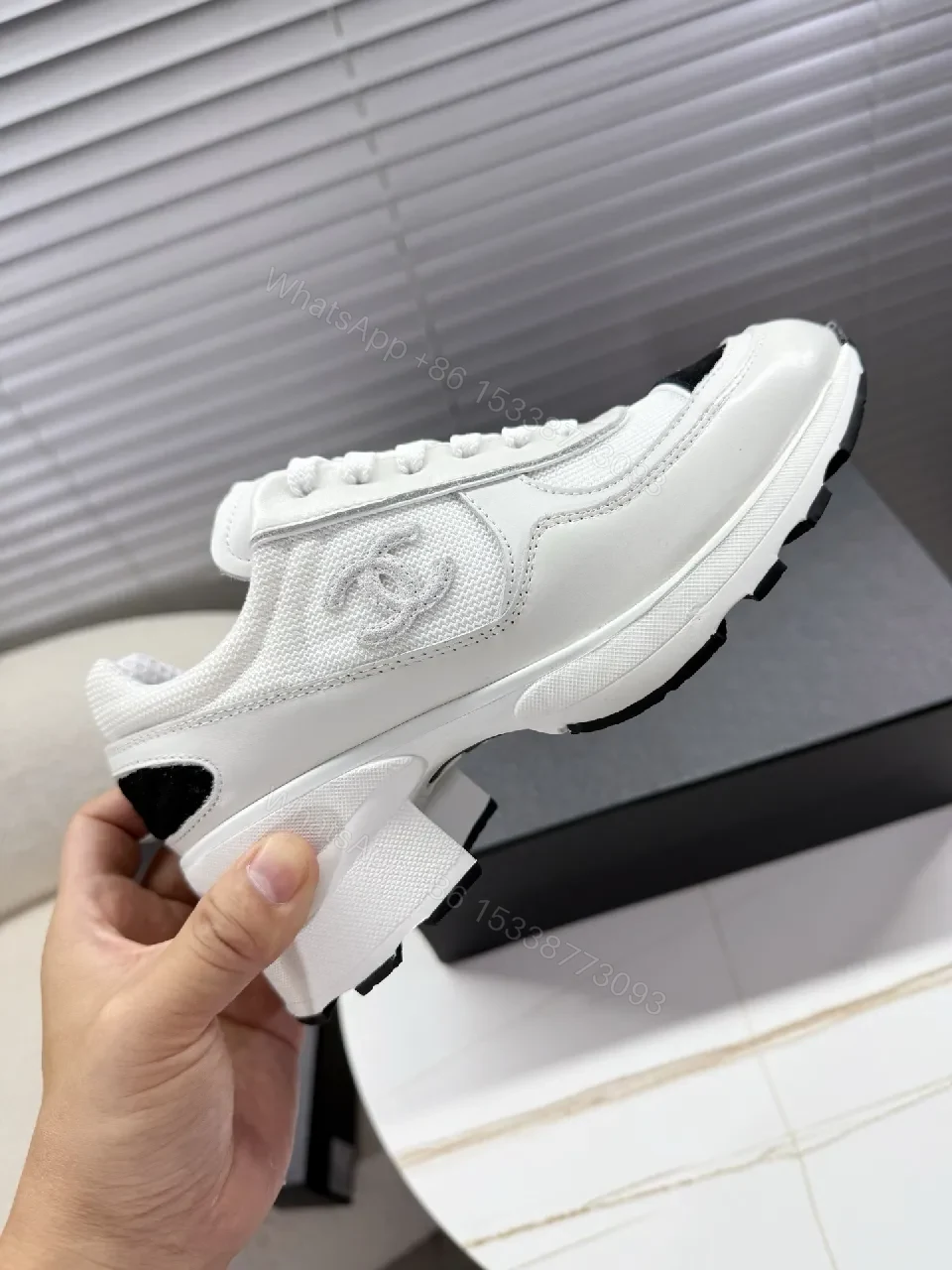 View 3 of White Leather Sneakers with Black Toe Cap – Luxury Casual Comfort