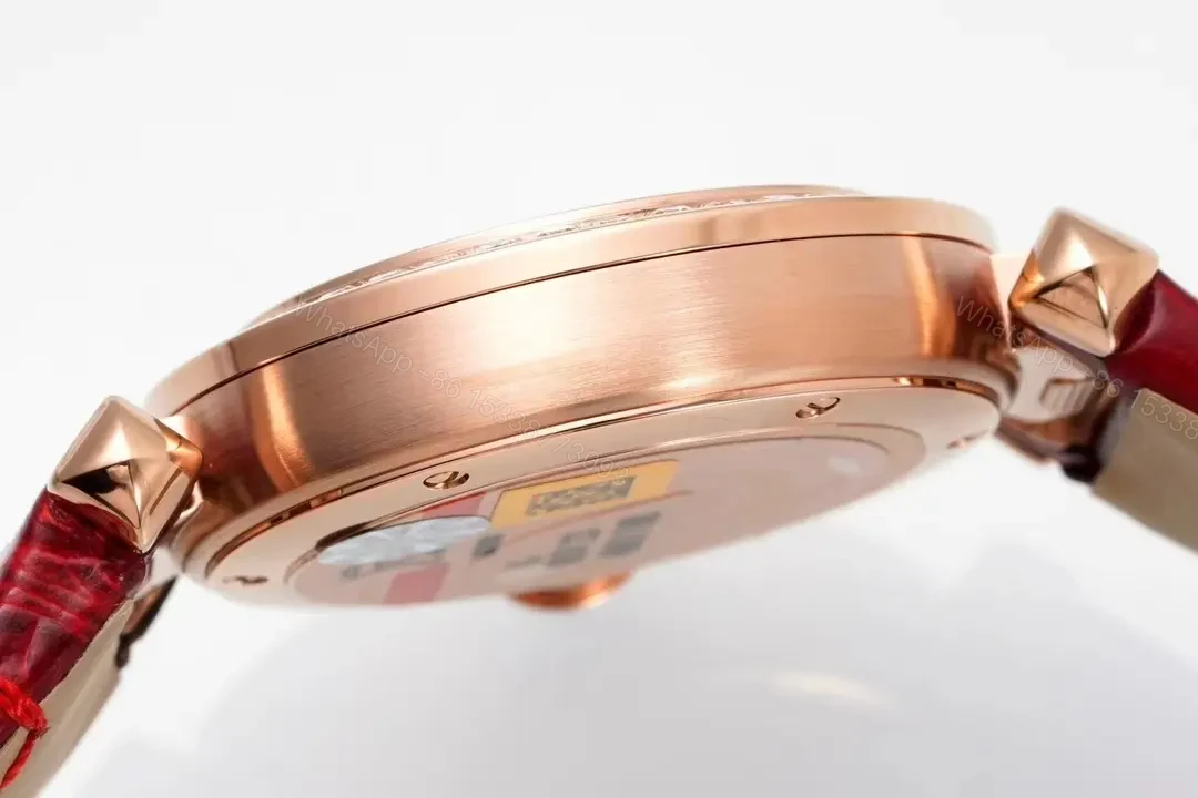 View 2 of K11 Factory Cartier Pasha de Cartier Women’s Watch, 30mm, Rose Gold with Diamond Bezel, Red Leather Strap, Blue Steel Hands