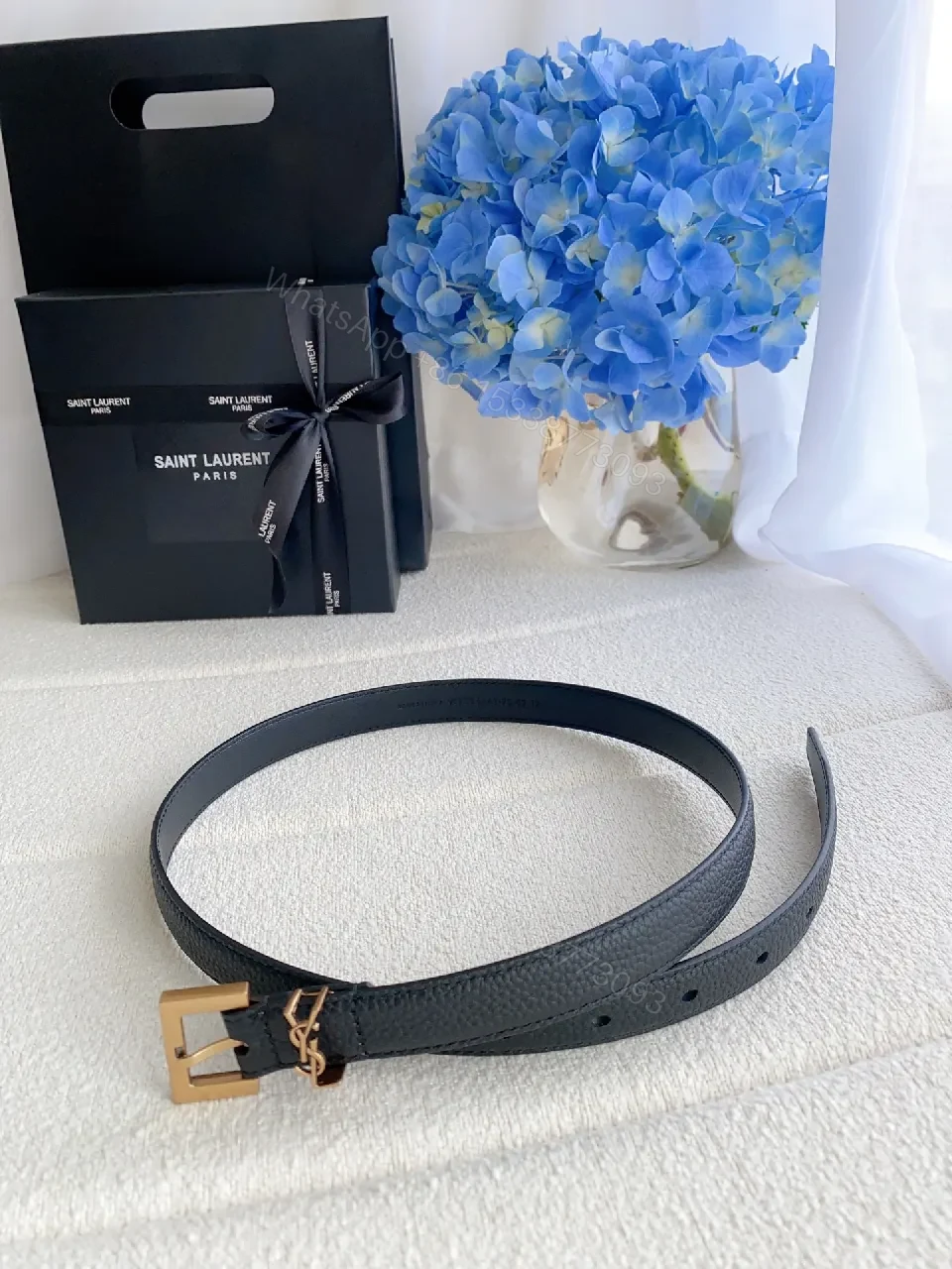 View 2 of Black Leather Belt with Matte Gold Buckle – Designer-Inspired Luxury Accessory