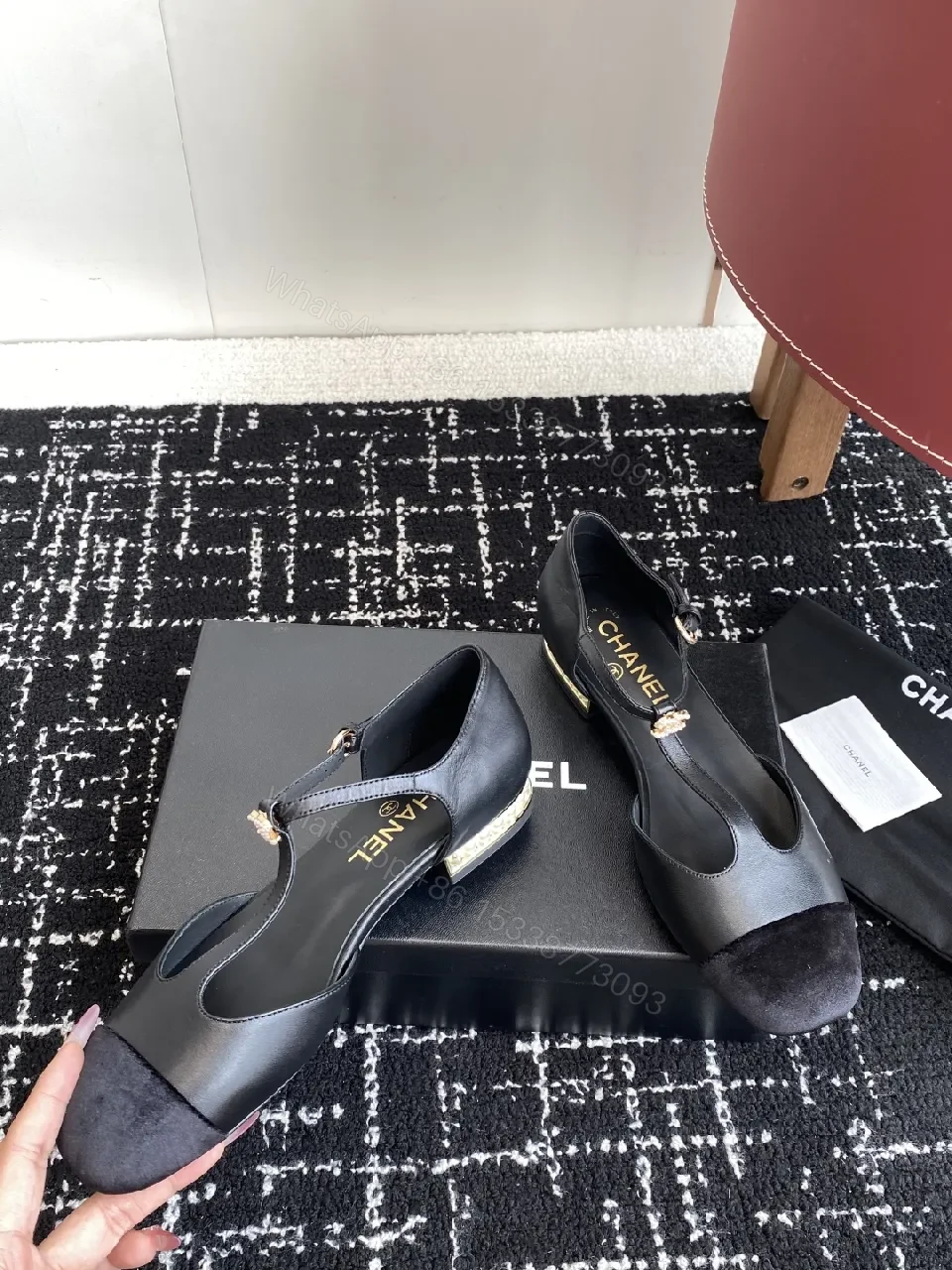View 9 of Black Satin & Suede Slingback Heels with Gold Hardware