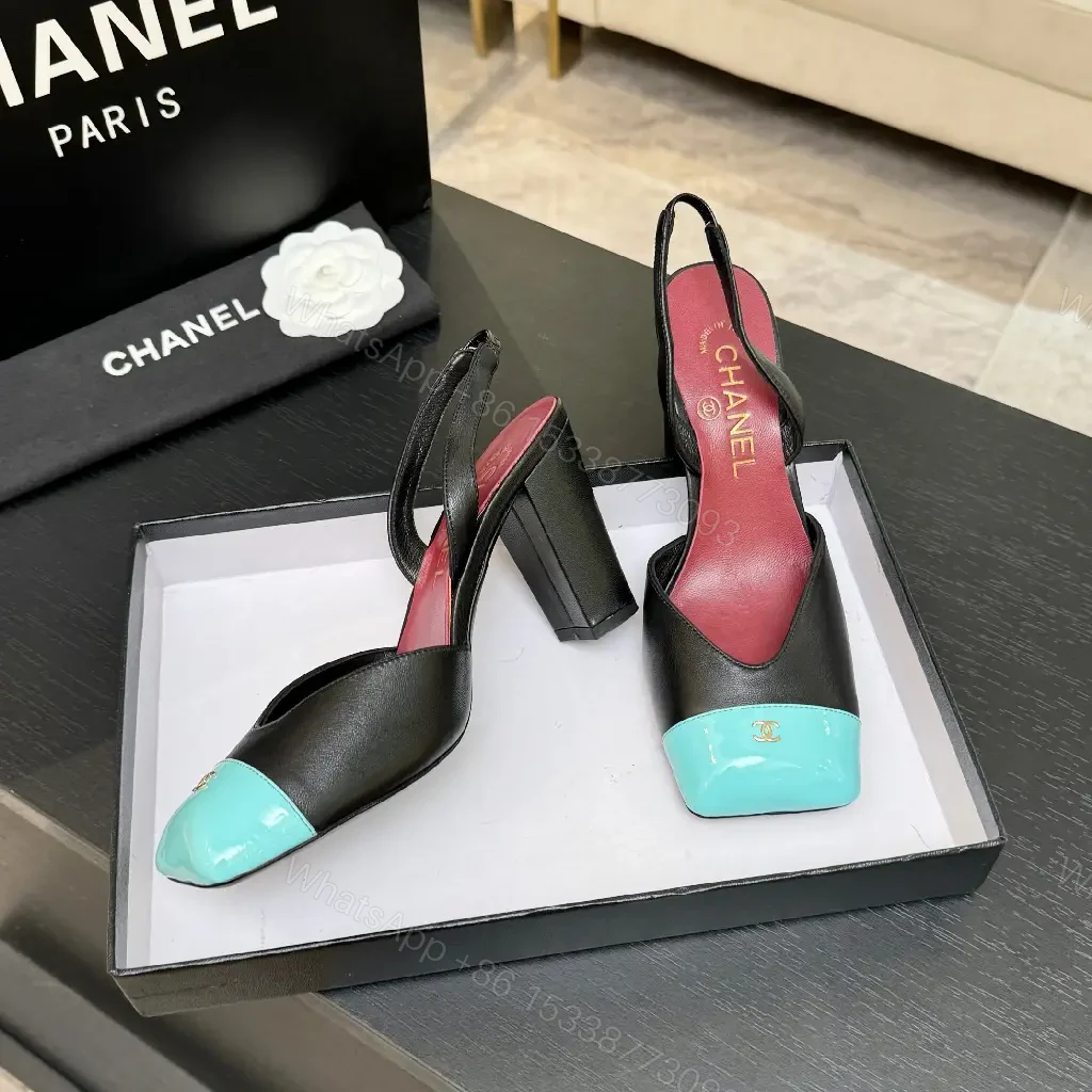 View 5 of Color-Block Leather Slingback Heels with Turquoise Toe Cap