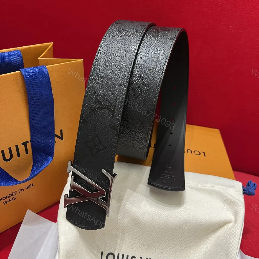 View 3 of Black Leather Belt Luxury Wide with Silver LV Buckle