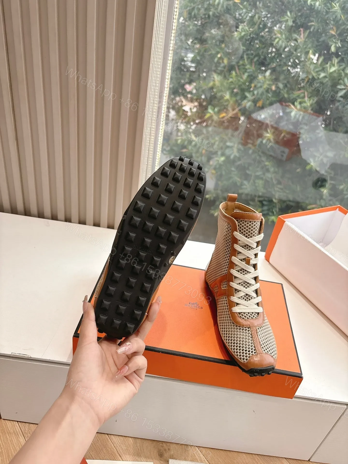 View 2 of Hermes Women Beige Mesh And Brown Leather Sneakers