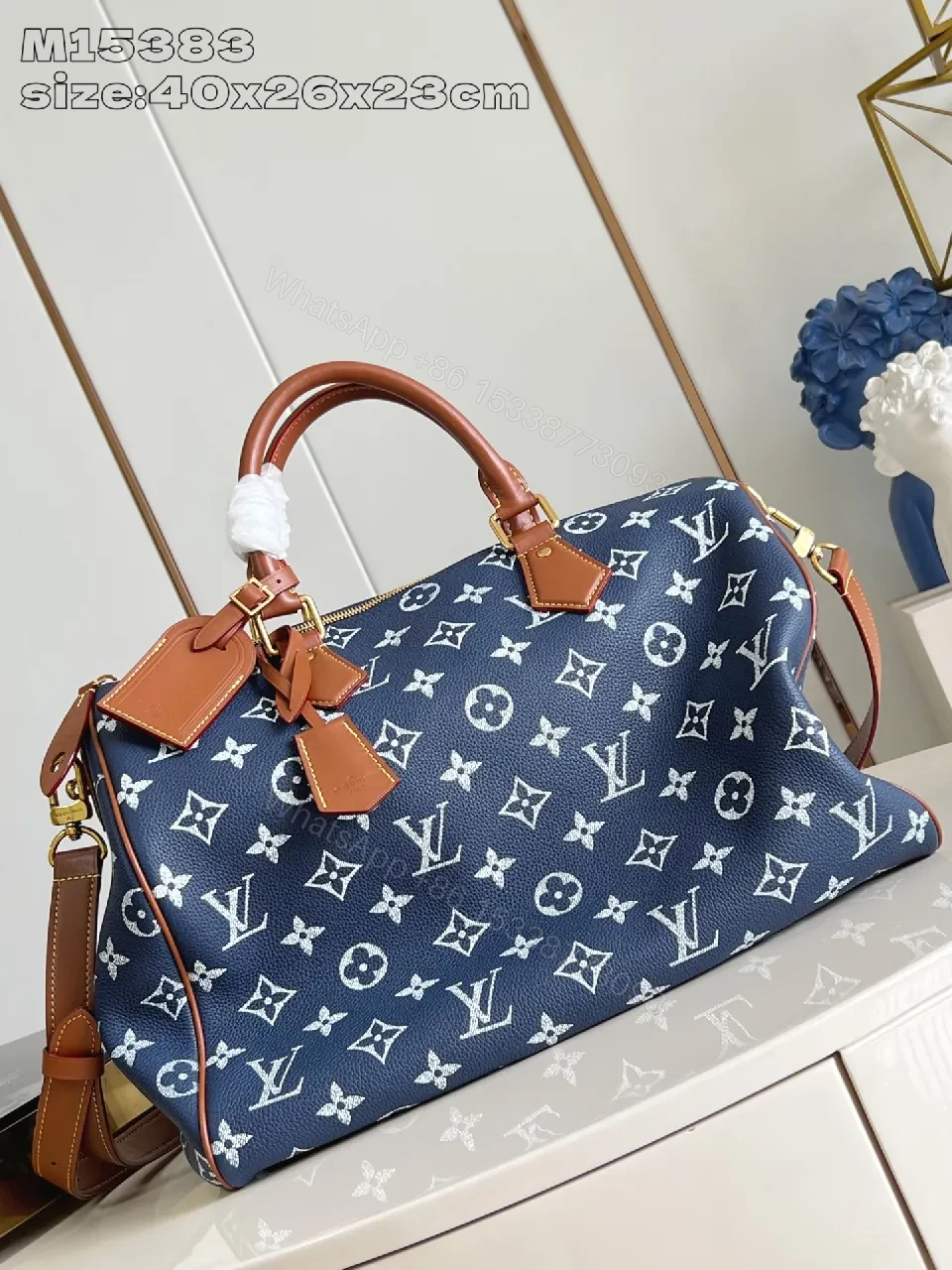 Structured Luxe Carryall: Navy Monogram Tote with Cognac Leather — view 1