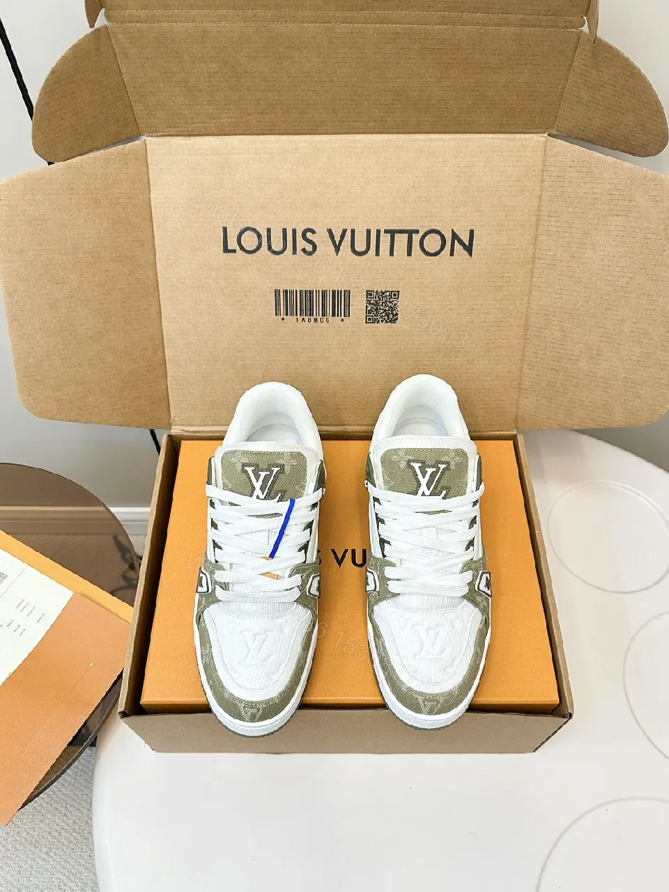 View 8 of White & Olive Luxury Sneakers: Modern Texture, Subtle LV-Inspired Details