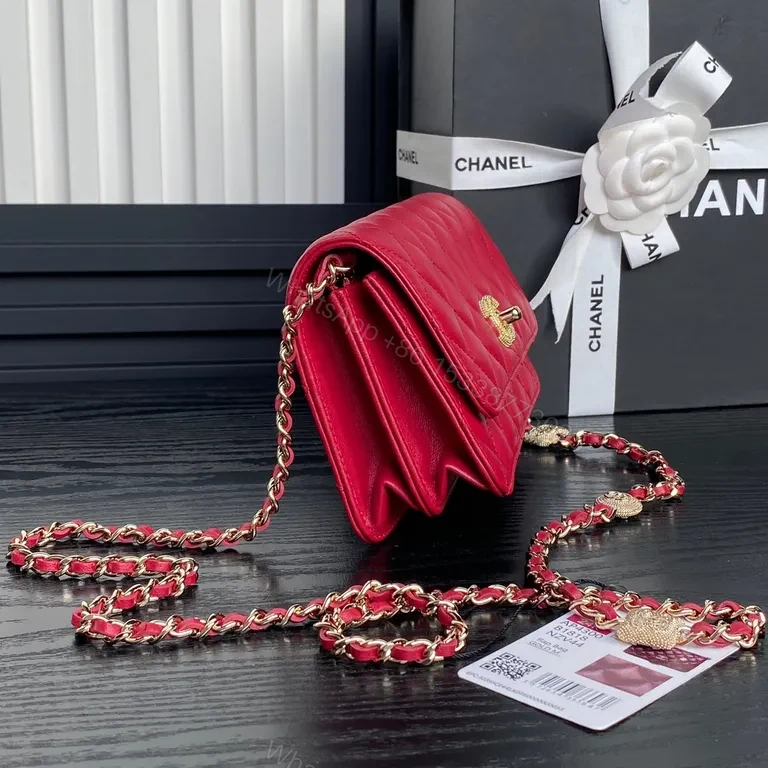 View 2 of Chanel-Style Quilted Flap Bag with Gold Chain (Red)