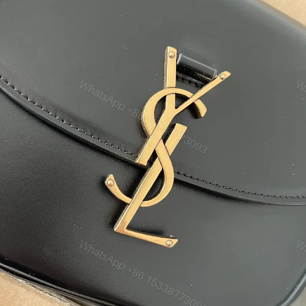 View 8 of Compact Black Leather Crossbody: Gold YSL-Inspired Minimalist Bag