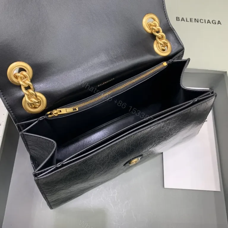 View 2 of Structured Black Leather Crossbody Bag with Gold Chain
