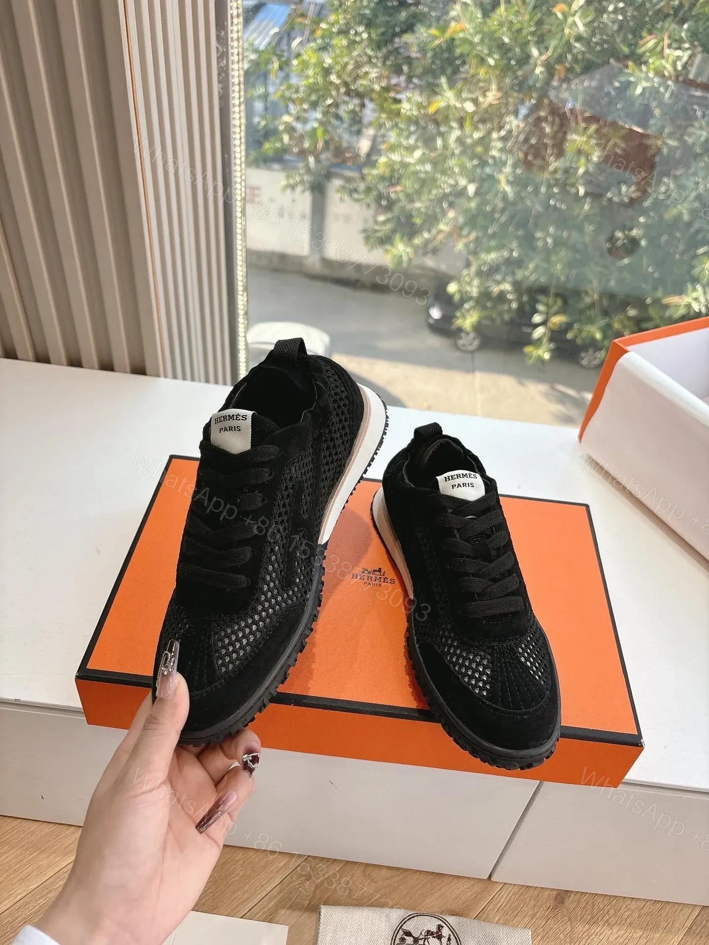 View 6 of Hermes Women Black Suede Mesh Sneakers