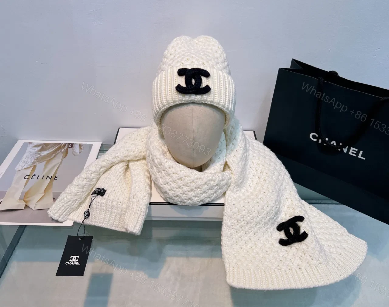 View 7 of Black Ivory Knit Set: Luxe Scarf & Beanie with Logo Clasp