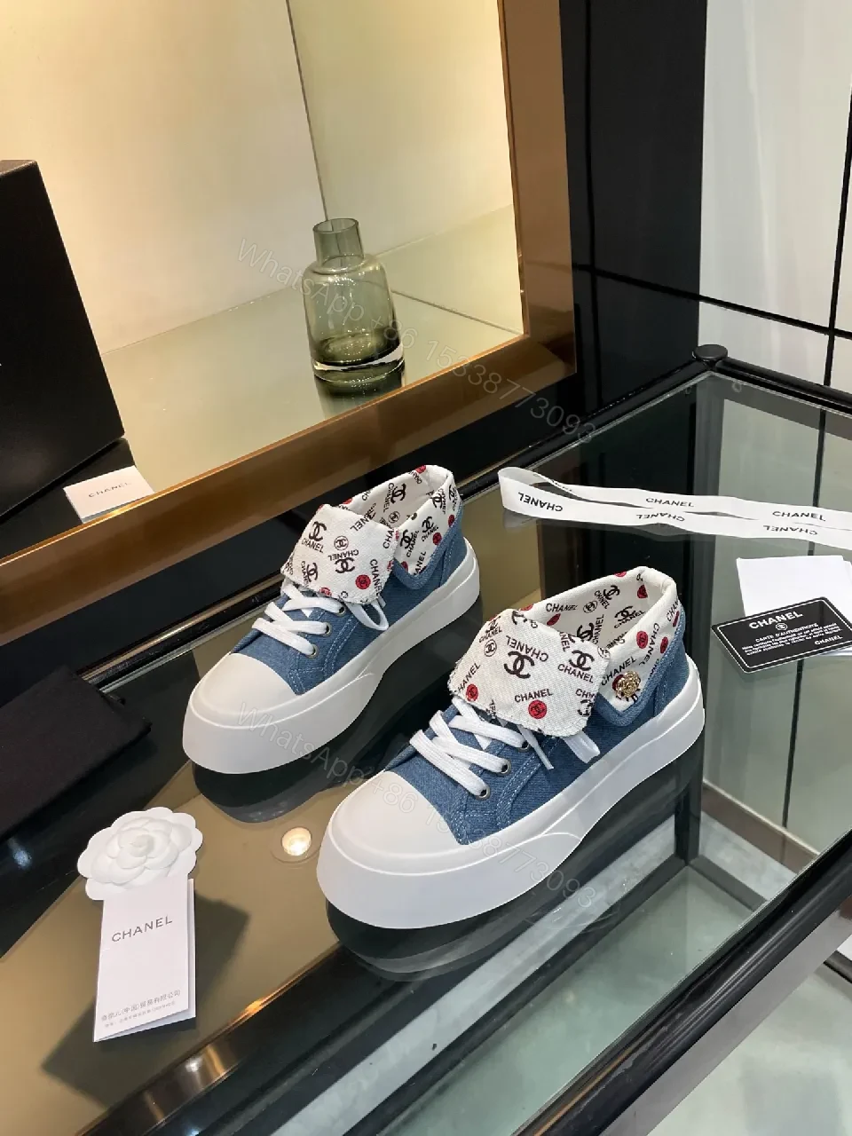 View 4 of Chic Denim High-Top Sneakers with Logo Cuff