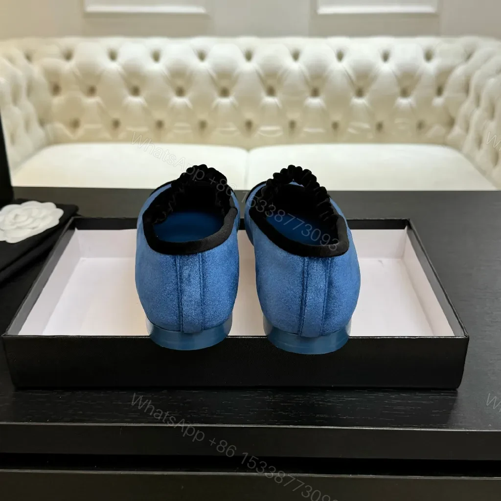 View 4 of Blue Velvet Ballet Flats with Black Cap-Toe Detail