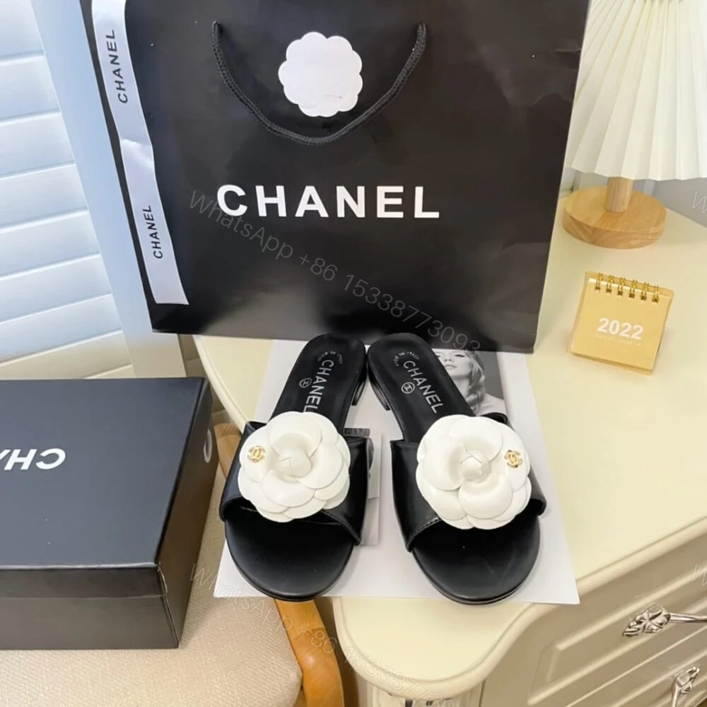 View 3 of Chanel White Camellia Slides Black