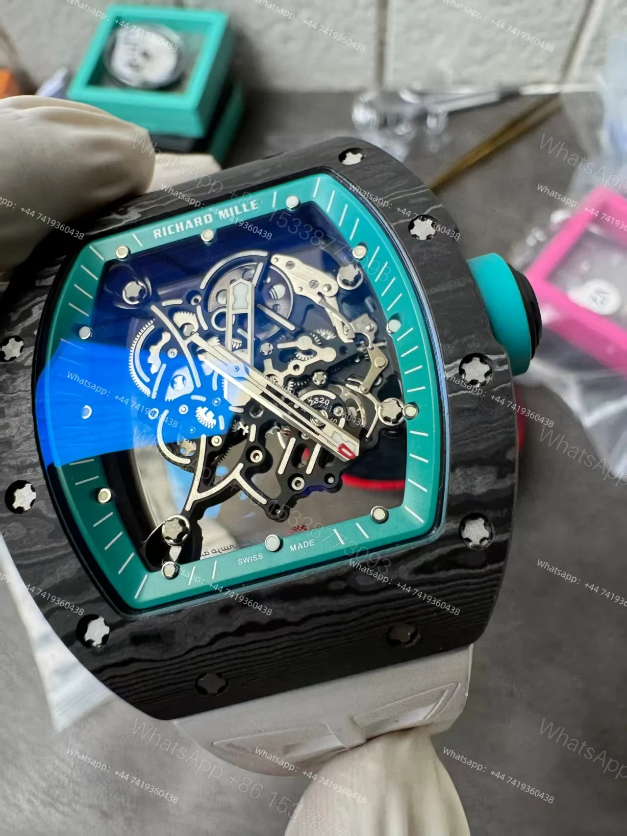 View 10 of Richard Mille RM 055 “Yas Marina Circuit” Carbon TPT Vaucher Free-Sprung White Rubber Strap Custom Super Clone