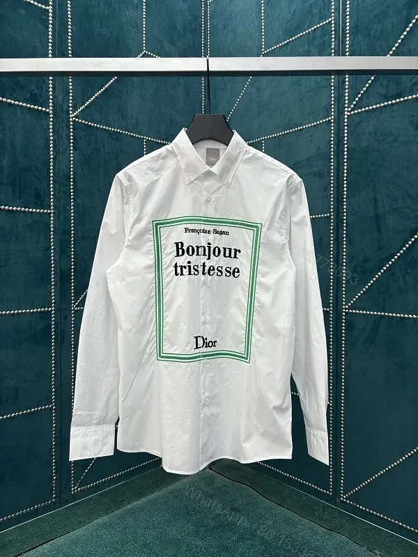 White Cotton Shirt with Bonjour Tristesse Logo, Dior Style — view 1