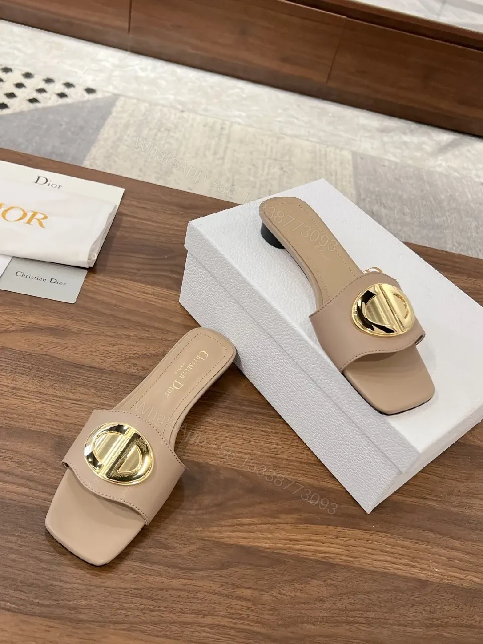 View 8 of Beige Leather Slide Sandals with Gold Logo Buckle, Dior Style