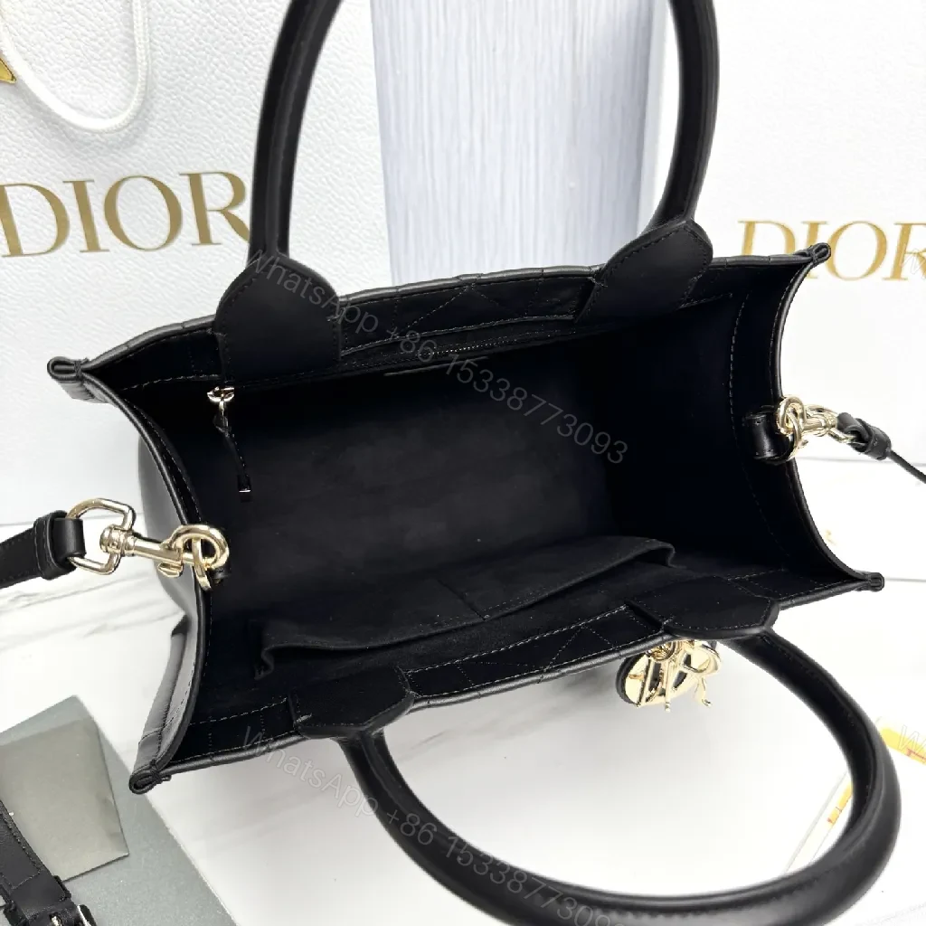 View 8 of Black Quilted Mini Tote - Leather, Gold Charm, Structured, Compact Carryall