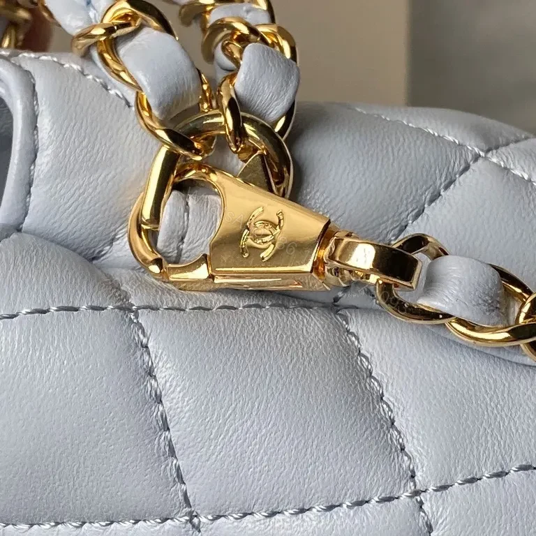 View 3 of Soft Denim-Blue Chanel-Style Quilt Mini Bag with Gold Chain