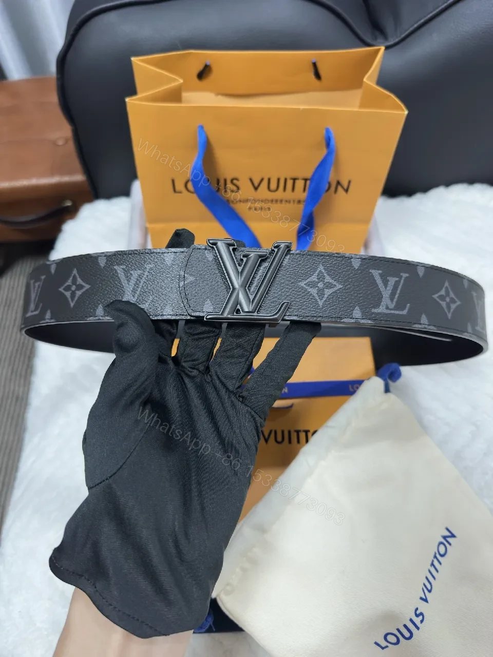 View 2 of Black Matte Canvas Belt, Gunmetal Buckle, 30mm, Monogram Luxe