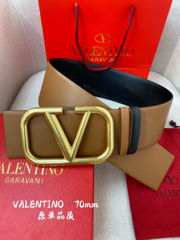 Bold Gold Buckle Tan Leather Belt: Valentino Garavani 70mm — view 1