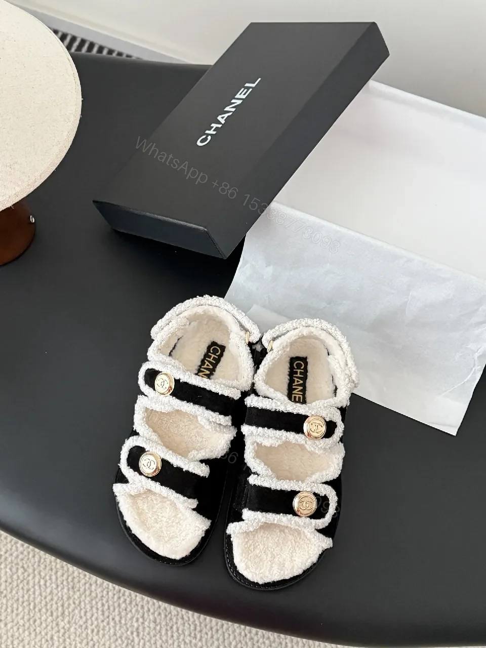 View 3 of Cozy-Luxe Sandals: Plush Comfort, Black Ivory Trim, Open-Toe Luxury