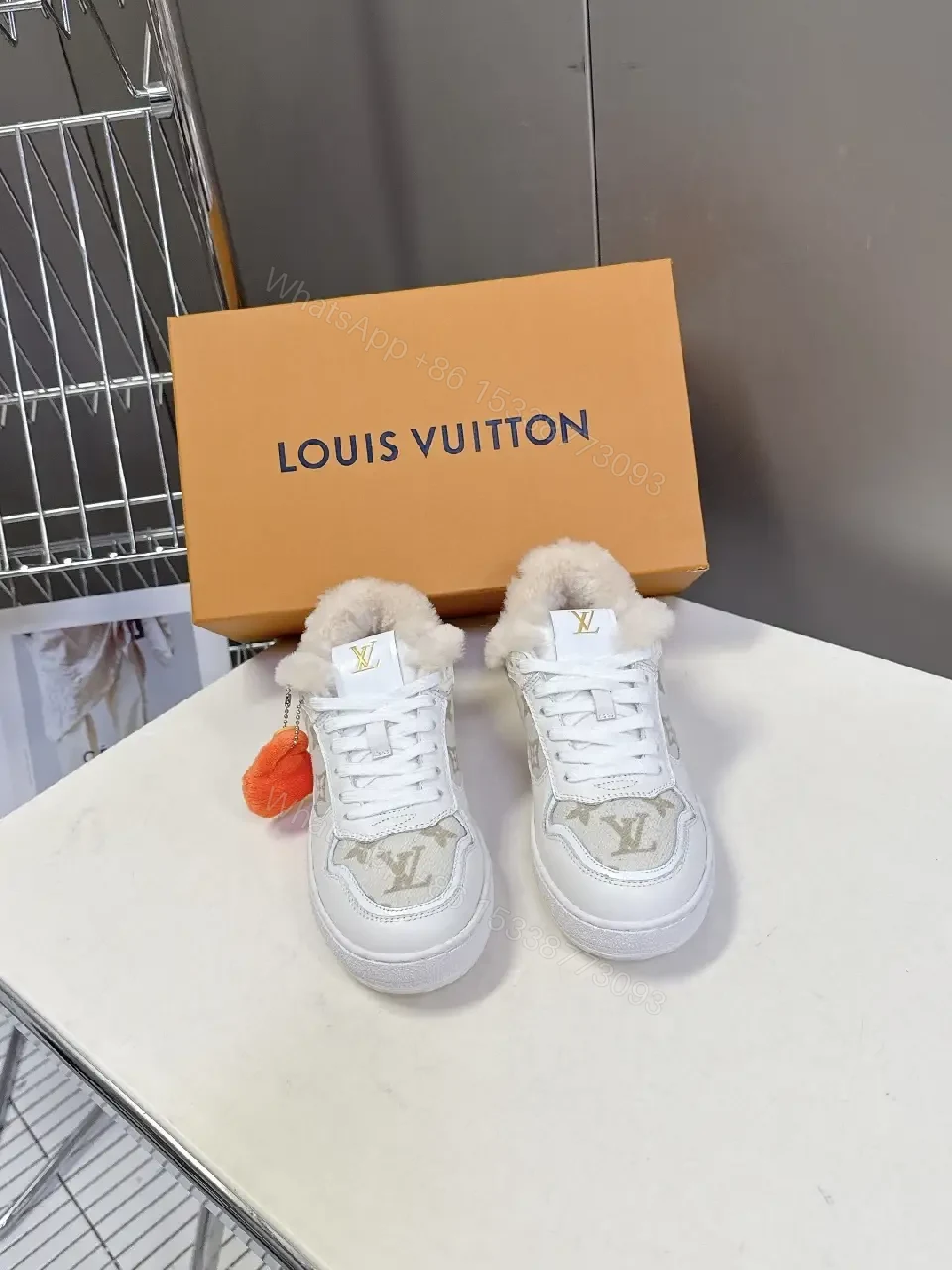 White Leather Fur-Trim High-Top Sneakers + Plush Detail — view 1