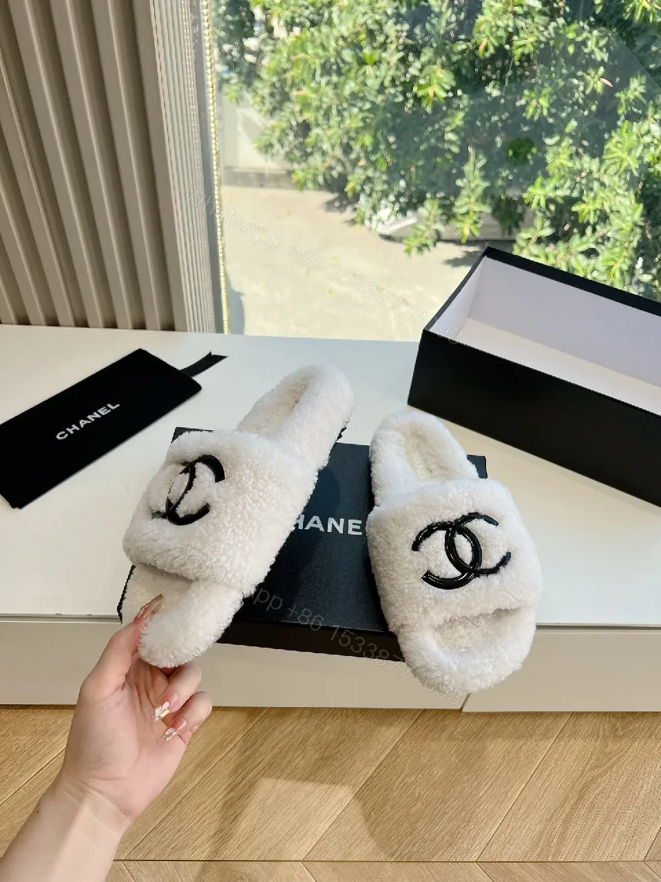 View 6 of White Fuzzy Slides with Logo Detailing, Luxe Comfort Slide