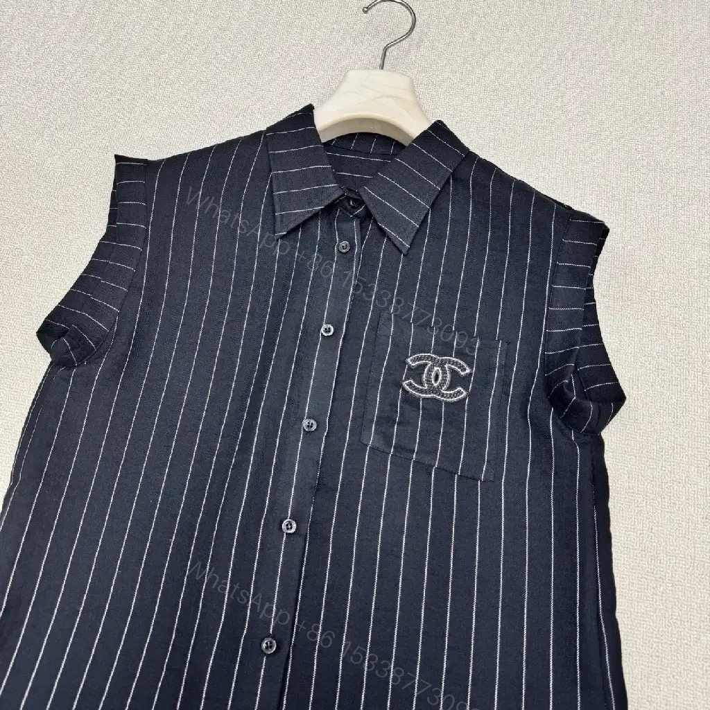 View 3 of Navy Pinstripe Linen Set with Chanel Logo Pocketless Style