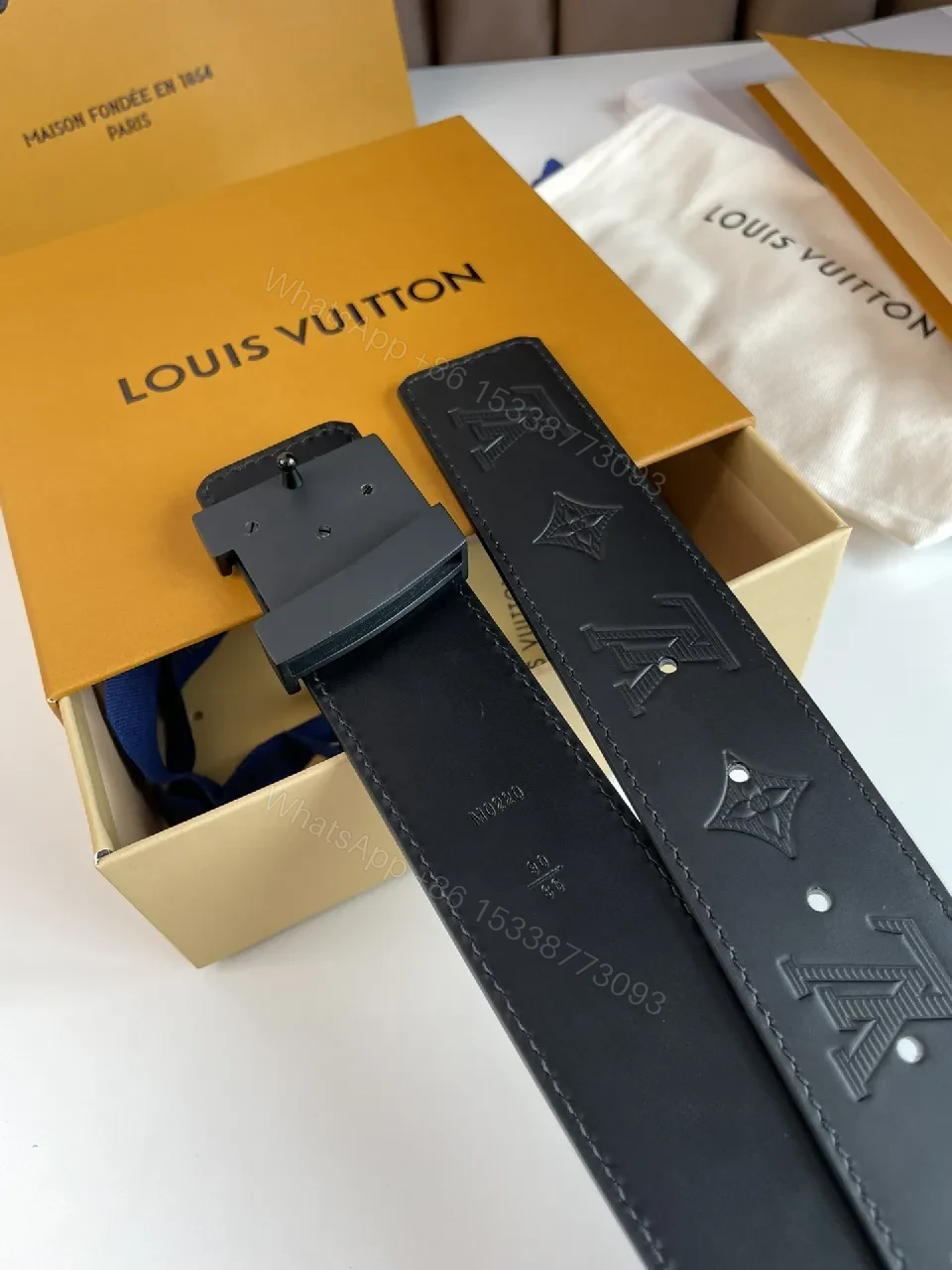 View 2 of Textured Black Leather Belt — Modern Monogram, Premium Grip