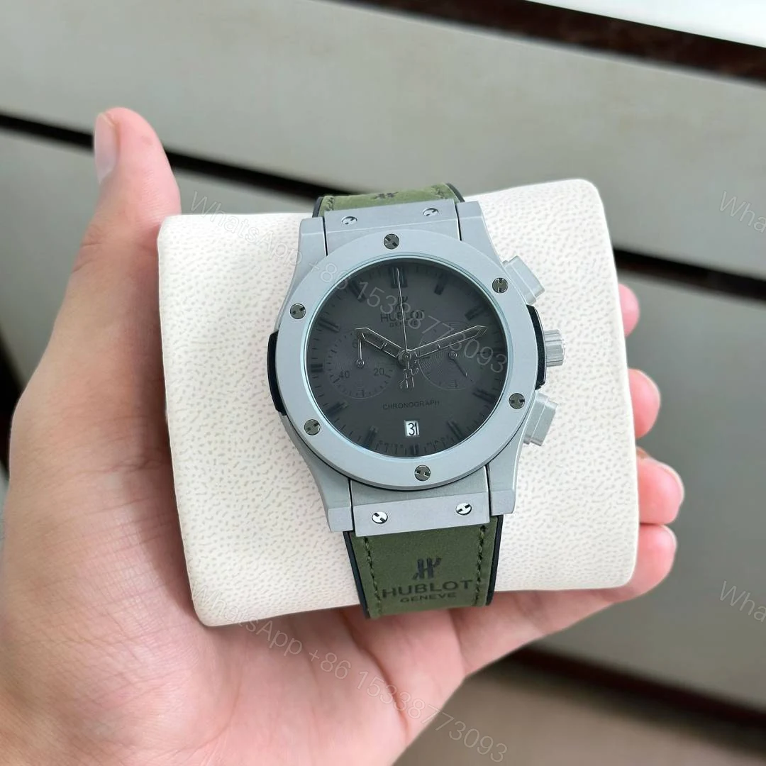 View 3 of First Copy Hublot Big Bang Chronograph Automatic Watch With Grey Dial And Olive Green Leather Strap