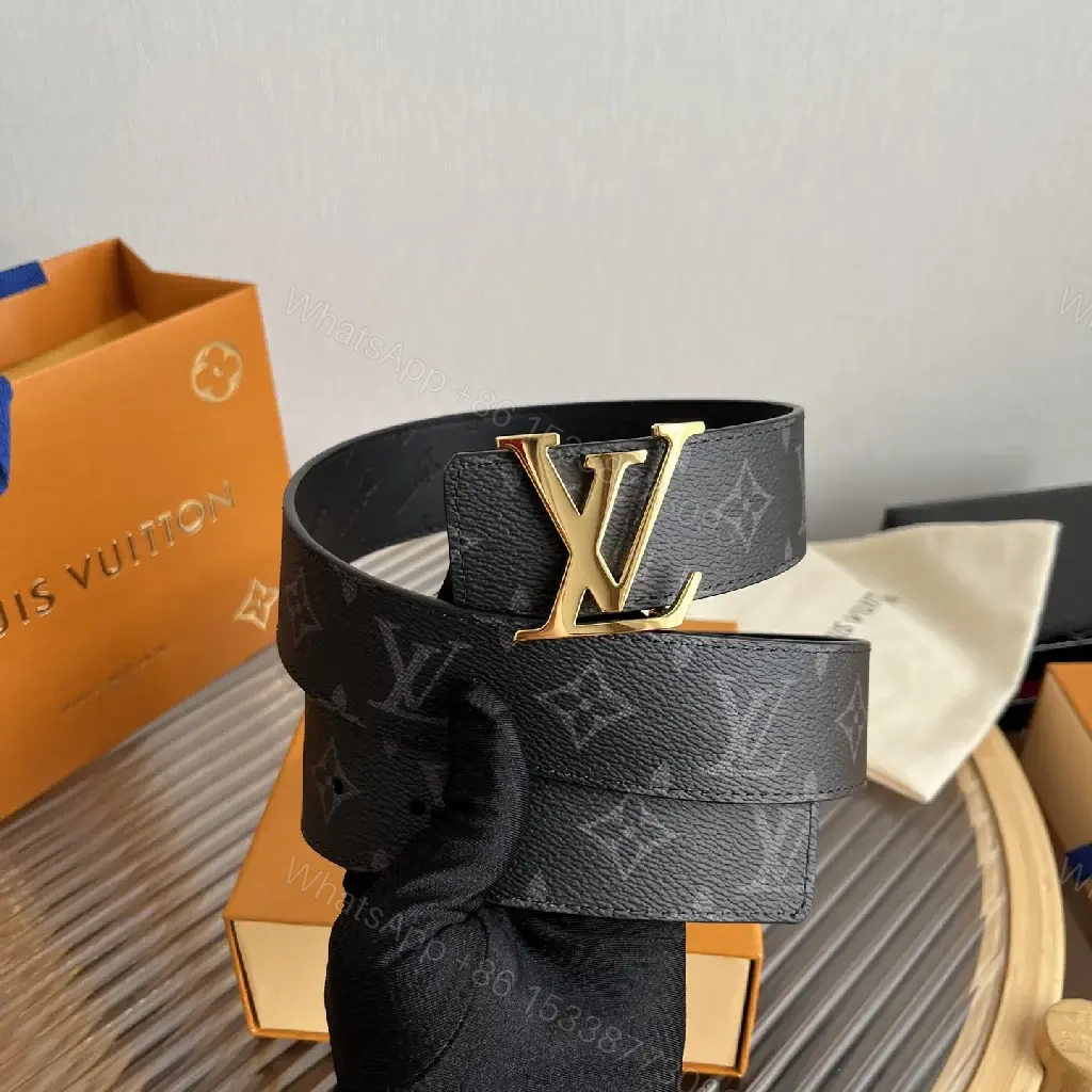 View 6 of Black Pebbled Leather Belt with LV Logo Buckle