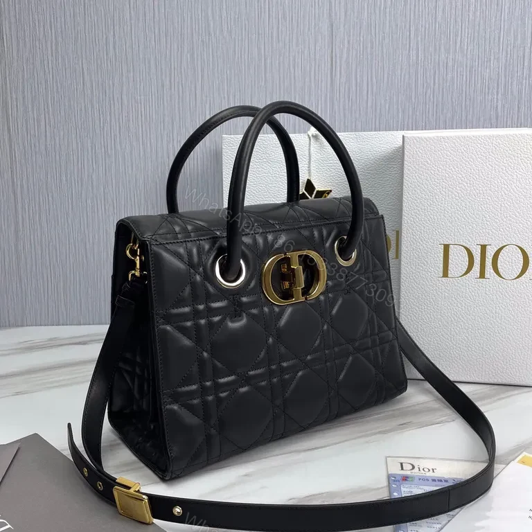 View 4 of Black Leather Quilted Handbag with Gold Dior Emblem - Luxury Everyday
