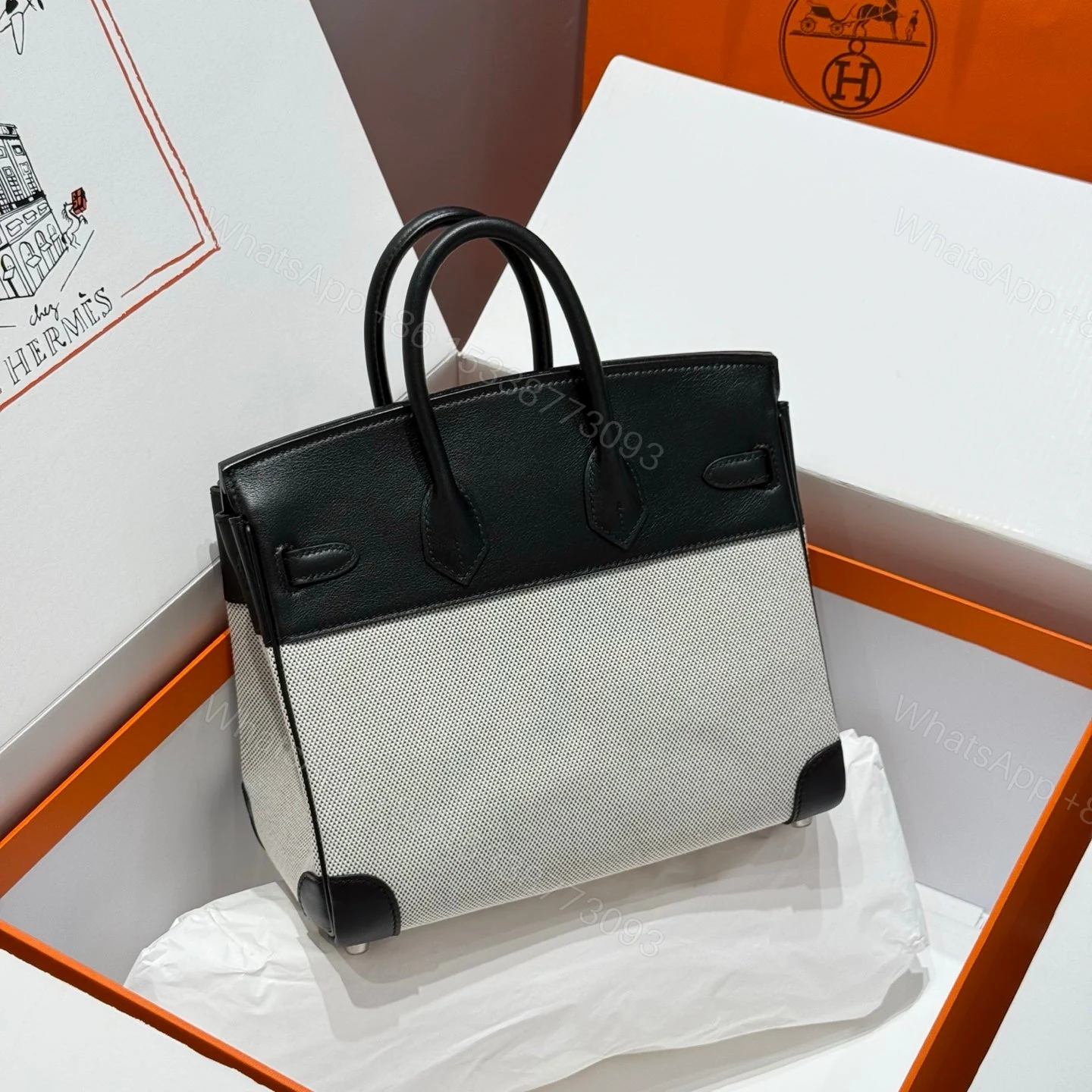View 2 of HERMES BIRKIN 25CM IN BLACK SWIFT WHITE TOILE CANVAS (CUSTOM-MADE)
