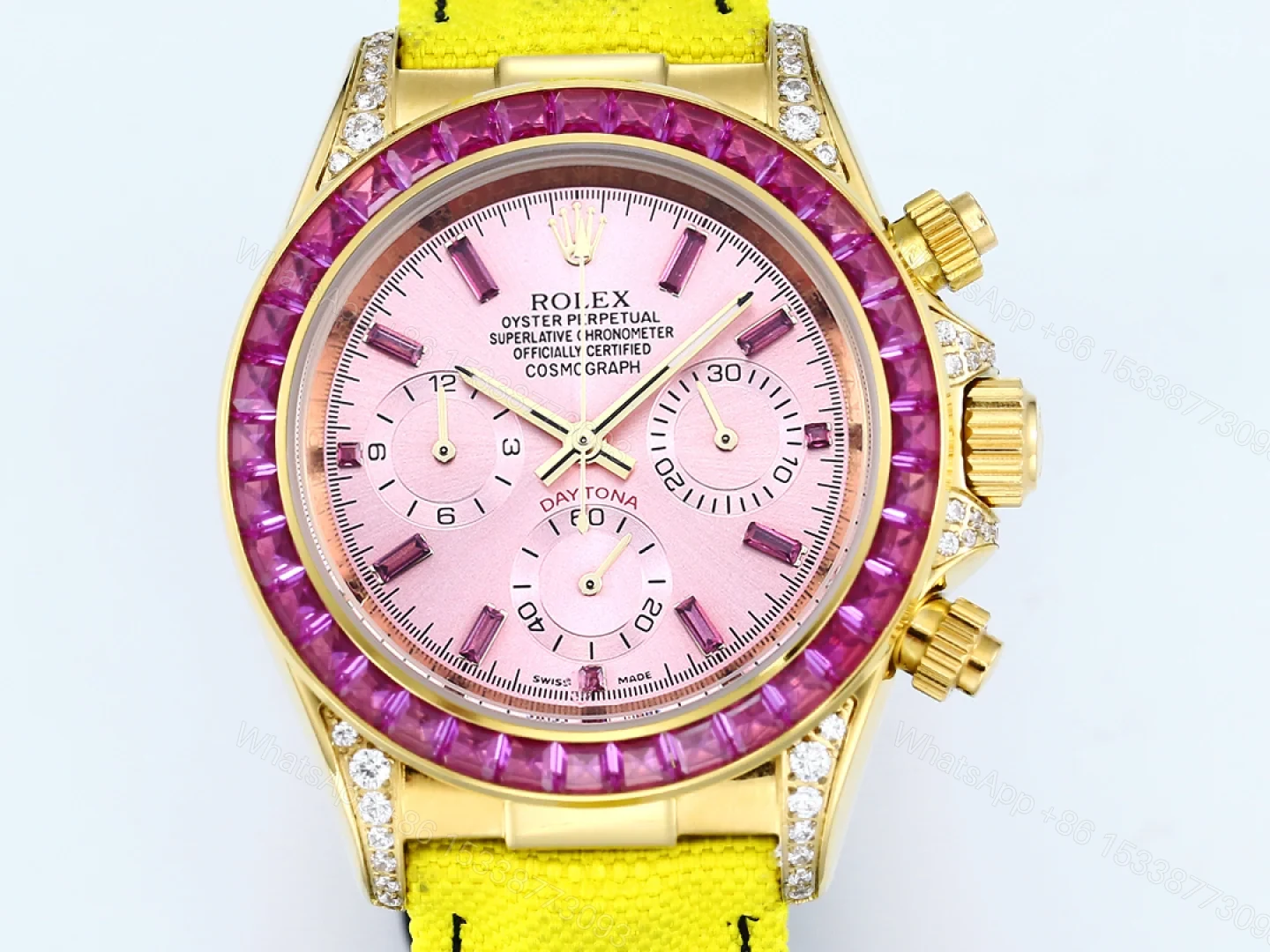View 4 of Rolex Daytona Pink Ruby Yellow Strap Replica 43MM Exclusive Gold Case Edition RG-ROLEX-DAYTONA-PINK-RUBY-YELLOW-43
