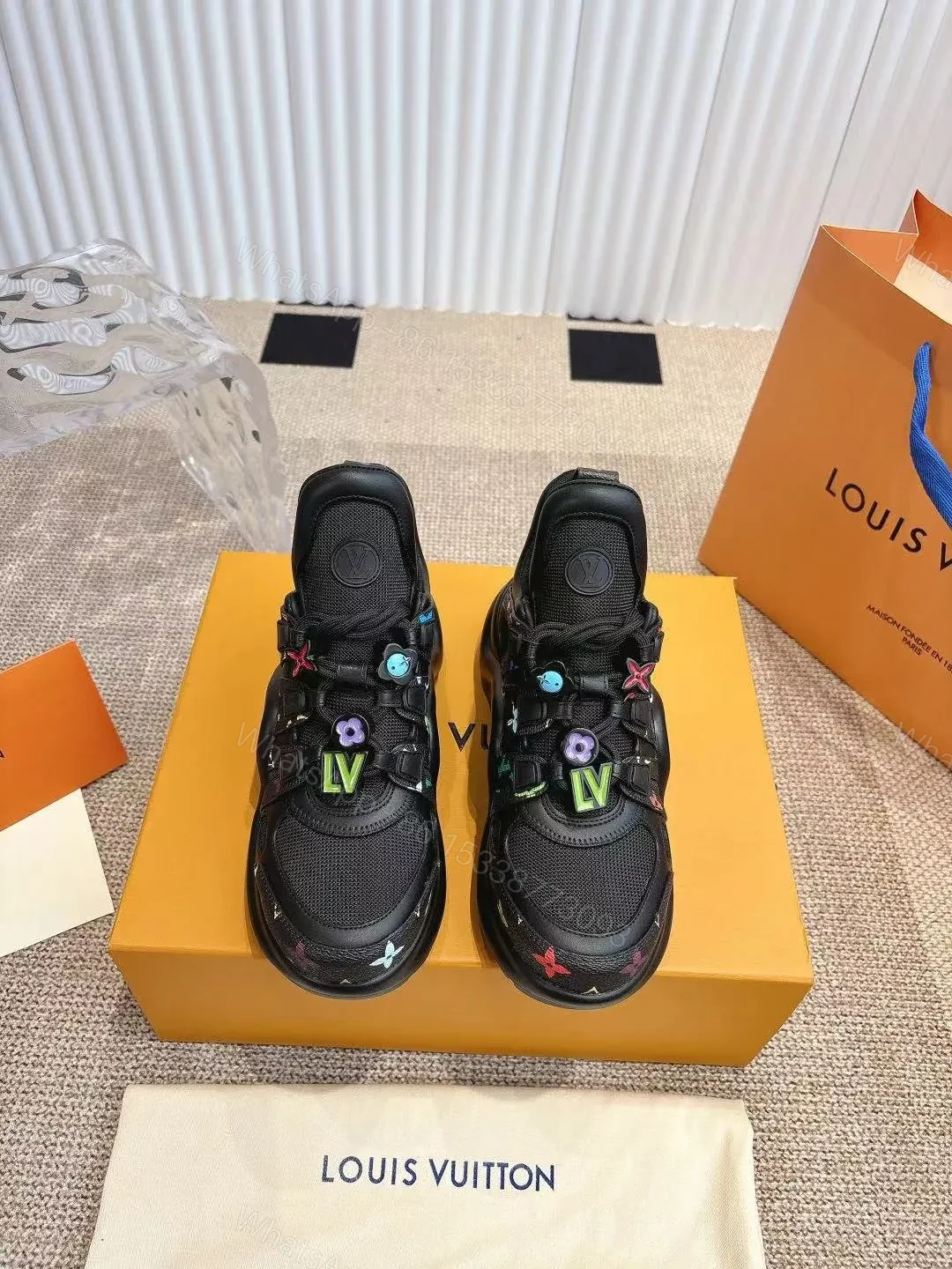 View 3 of LV Women Black Mesh Multicolor Logo Sneakers