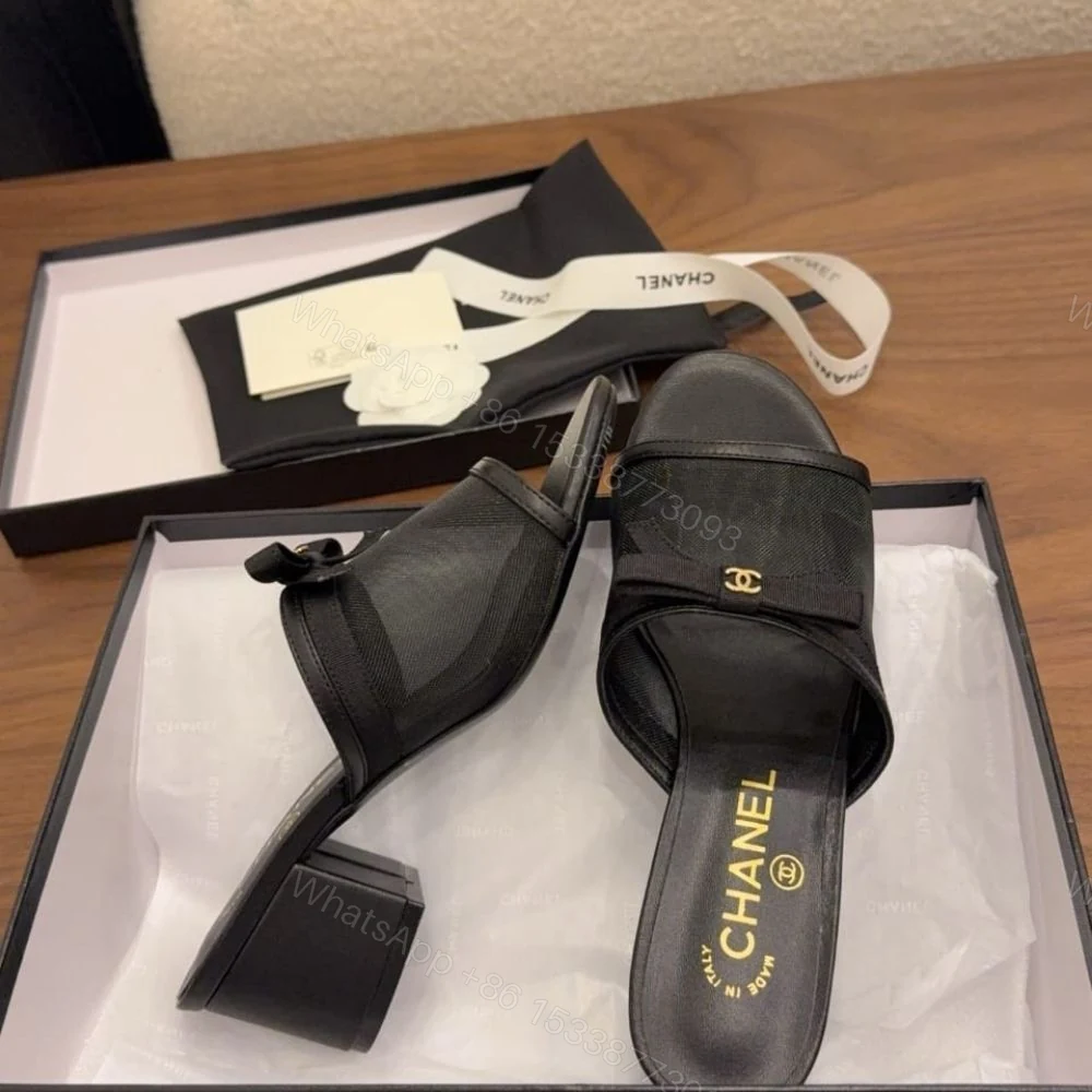 View 7 of Chanel Mesh Bow Block Heel Mules Black