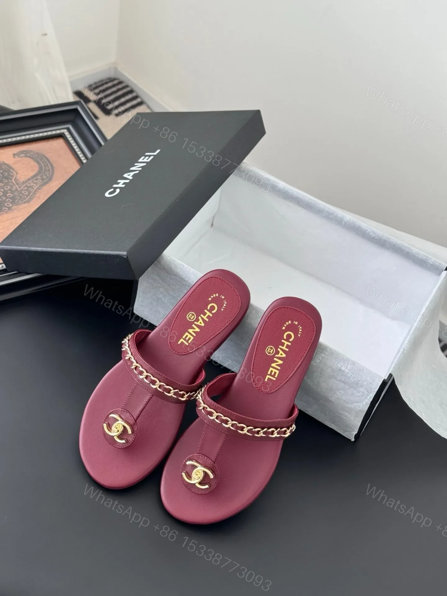 View 4 of Chanel Women Burgundy Leather Chain Detail Slides