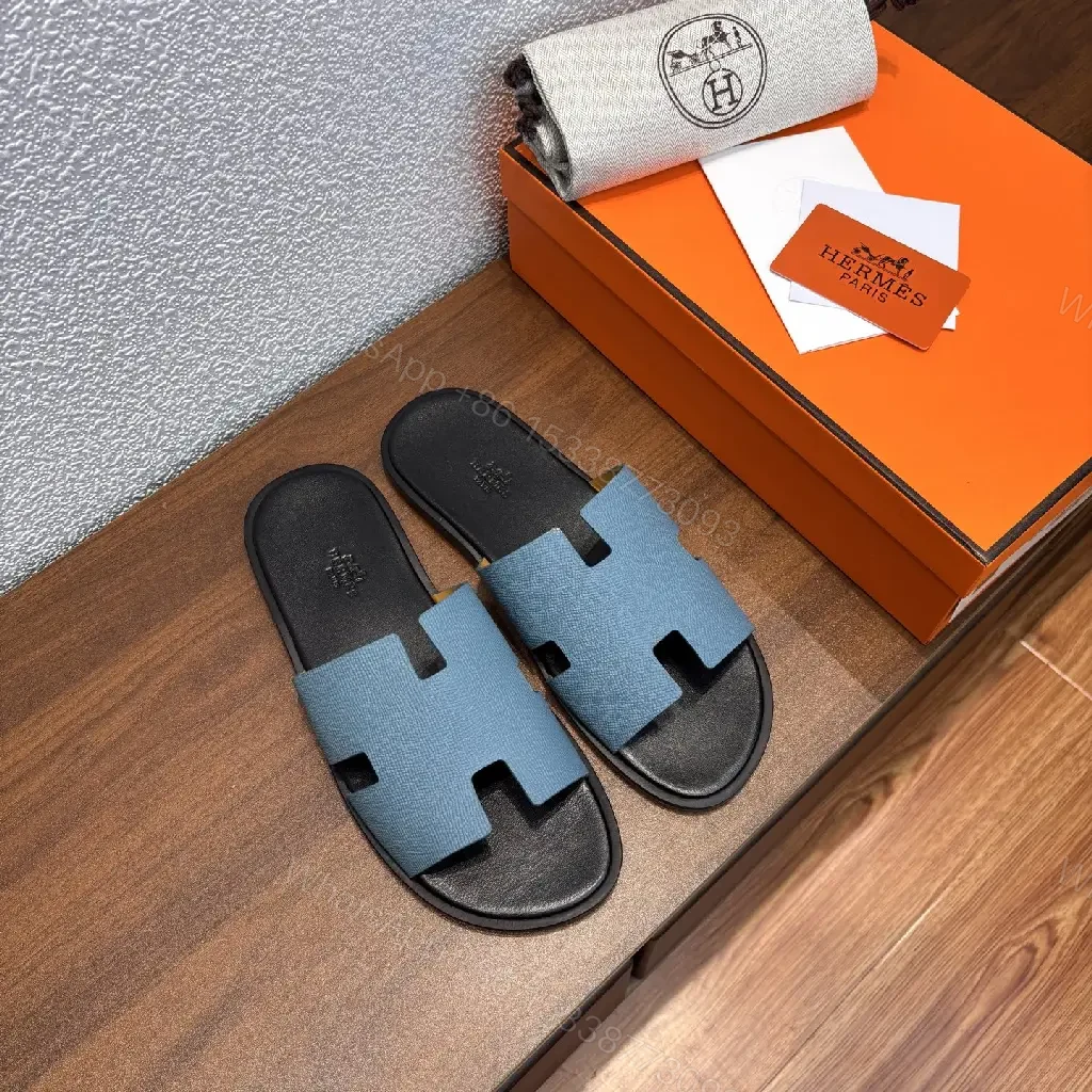 View 4 of Blue Leather Slide Hermès-Inspired Modern Slip-On Comfort Sandals