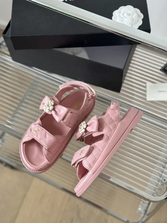 View 9 of Pink Leather Sandals â€“ Chanel-Inspired, Floral Accents, All-Day Comfort
