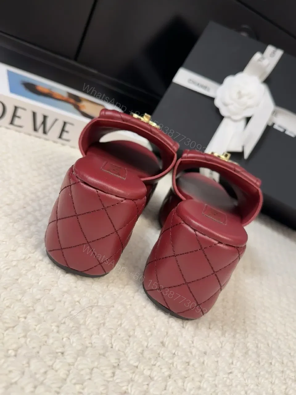 View 9 of Burgundy Quilted Slides with Gold Hardware, Luxury Comfort